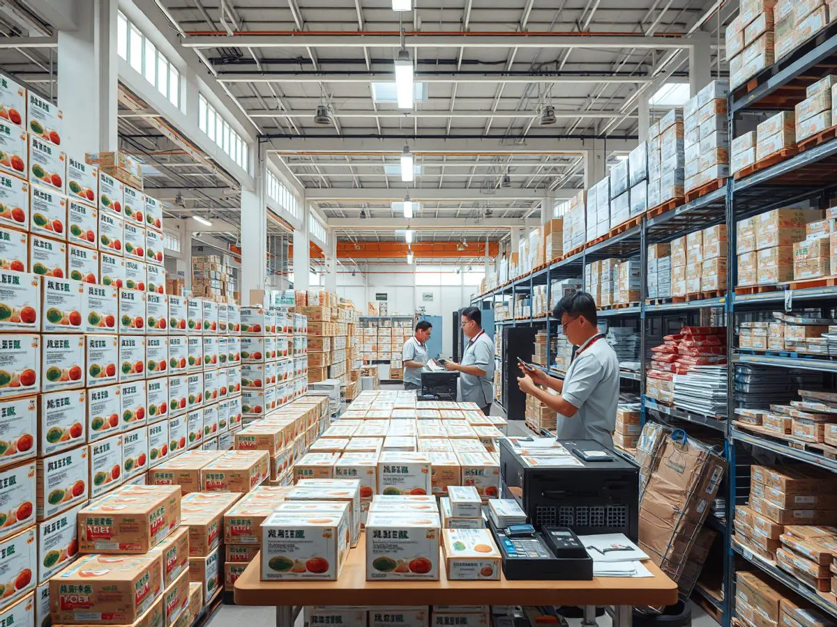 生产备货仓库内景，整齐堆放的成品礼盒与工作人员质检场景